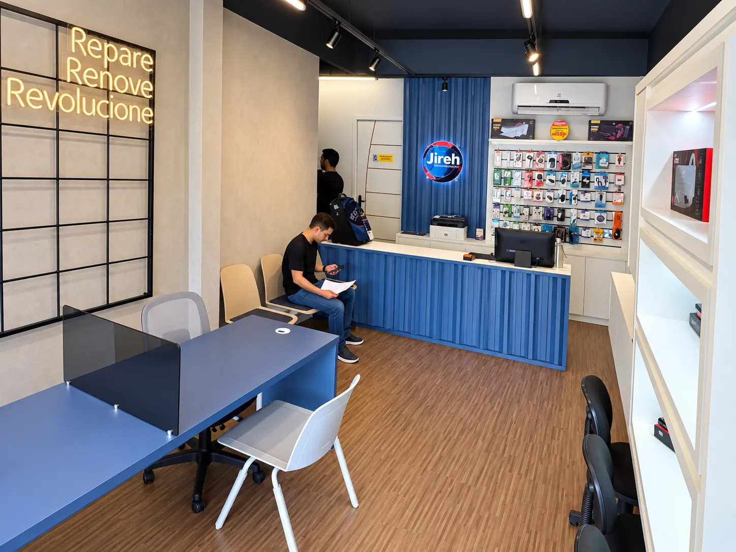 Recepção da Jireh Informática com balcão azul